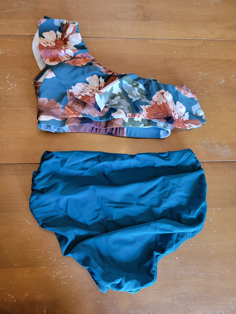 Women's Floral Print One Shoulder Two Pieces Bikini Swimsuit Ruffled High Waist - Picture 7 of 10